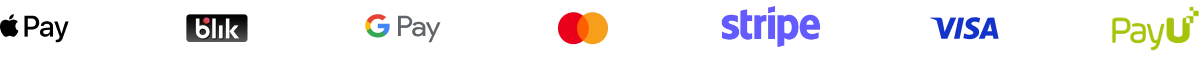 Pagos aceptados: Apple Pay, BLIK, Google Pay, Mastercard, Stripe, Visa, PayU