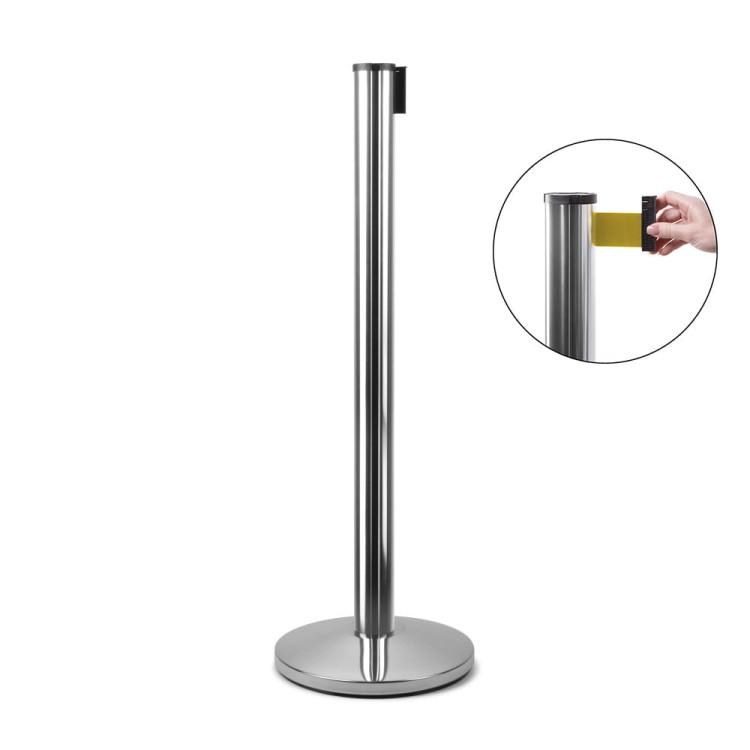 Słupek z taśmą zwijaną 270 cm J-EXTBE - Chrom z żółtą taśmą - Słupek odgradzający hotelowy słupek z taśmą zwijaną do Hotelu do Restauracji do strefy VIP
