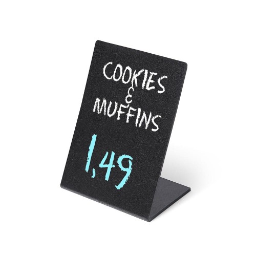 Stojak informacyjny kredowy A6 w kształcie L stojaczek z powierzchnią do pisania markerami kredowymi stojaczek do prezentacji oferty promocji cen cenówka kredowa