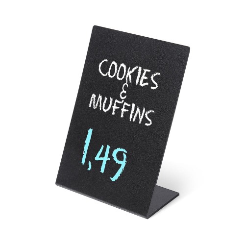 Stojak informacyjny kredowy A5 w kształcie L stojaczek z powierzchnią do pisania markerami kredowymi stojaczek do prezentacji oferty promocji cen cenówka kredowa