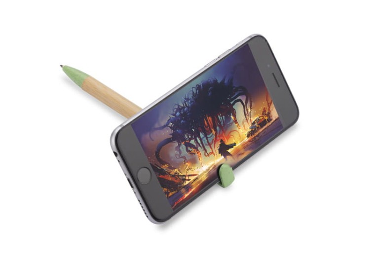 Długopis bambusowy i stojak na telefon FONIK zielony jasny z logo