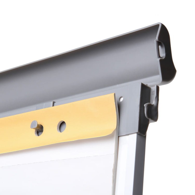 Detal, uchwyty na blok papieru - Flipchart magnetyczny SCRITTO® Vario II 68 x 100 cm stojak z tablicą magnetyczną suchościeralną mobilny flipchart stojak do postawienia z tablicą do pisania na kółkach z możliwością regulacji wysokości