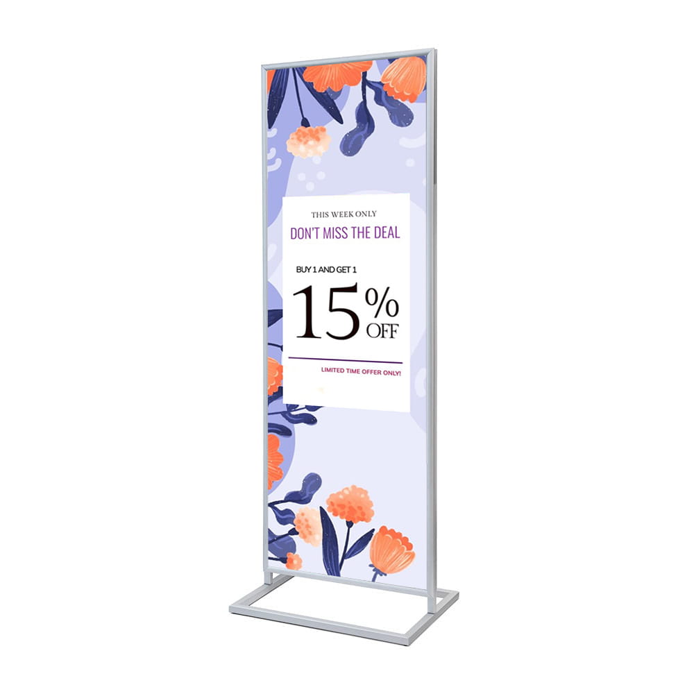 Ekspozytor plakatów z ramką 2xA1 - dwustronny stojak informacyjny stojak na plakat prezenter plakatowy z tabliczką A1 do restauracji gastronomii do sklepu do hotelu srebrny