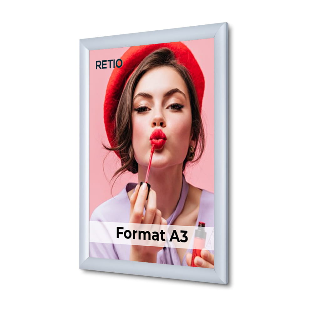 Ramka zatrzaskowa KRAST A3 (29,7 x 42,0 cm) aluminiowa srebrna z ostrym prostym narożnikiem rama ramka plakatowa OWZ ścienna na plakat na zdjęcia profil 25 mm