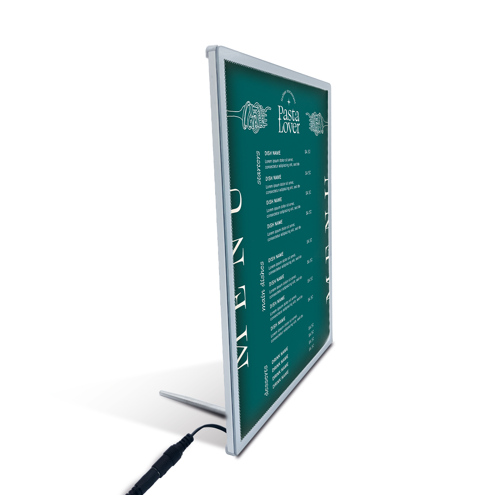 Ramka LED podświetlana SUN A4 srebrna (21,0 x 29,7 cm) rama na plakat zdjęcia obraz podświetlana rama plakatowa orientacja pionowa z boku