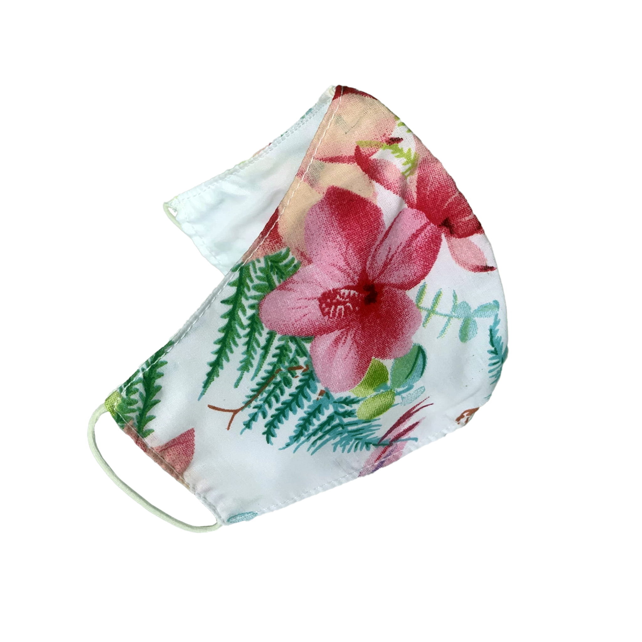 Mascarilla de algodón con patrón floral sobre fondo blanco