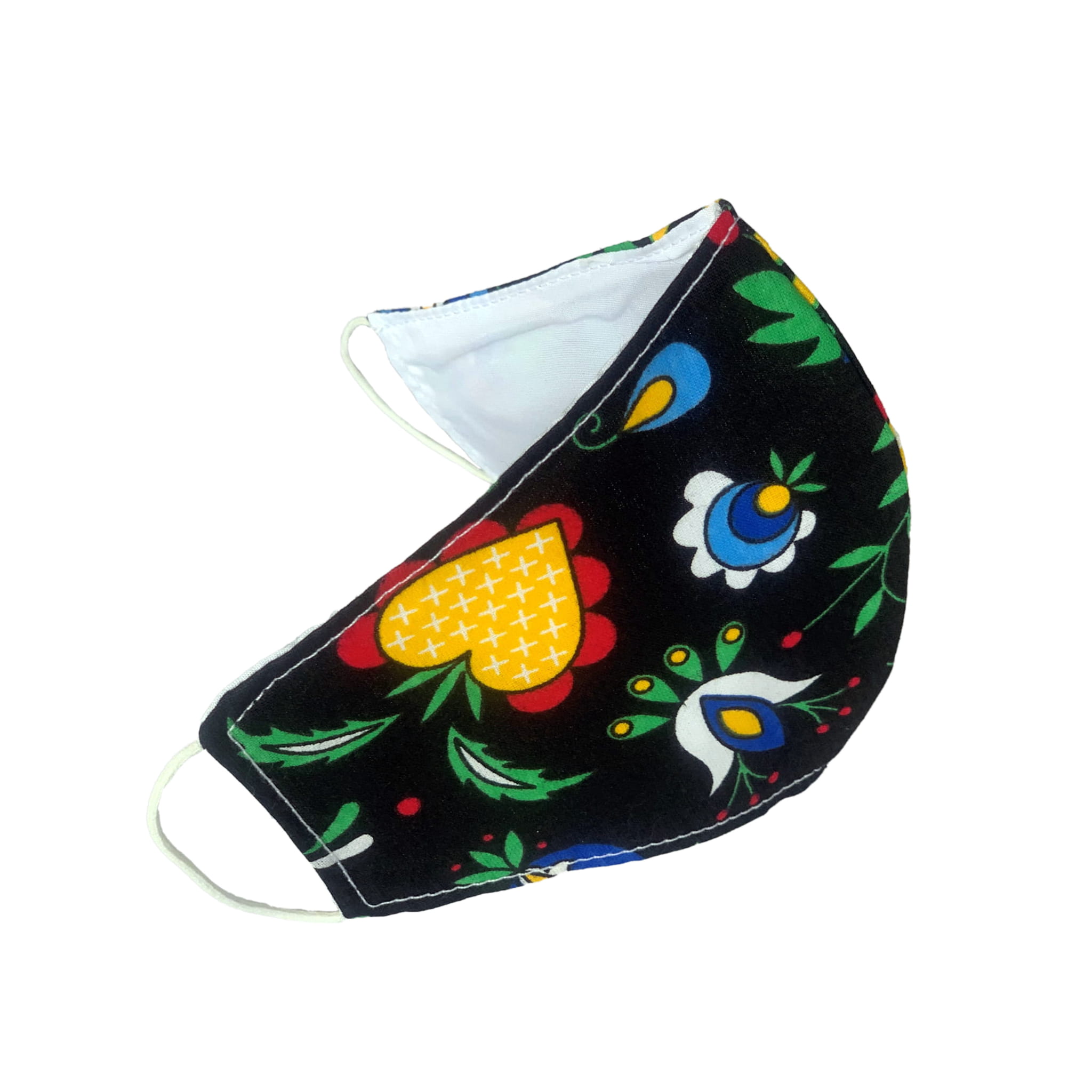 Mascarilla de algodón con patrón floral sobre fondo negro